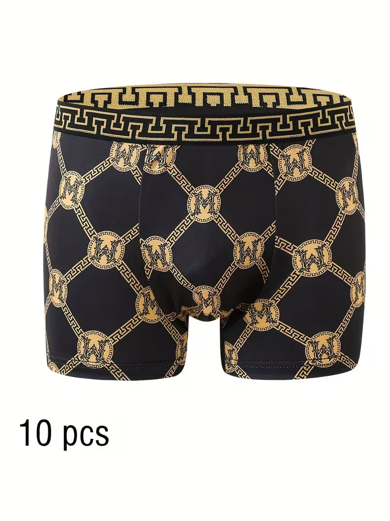 10pcs of Men's Boxer Underwear, Breathable and Soft, High-end Black Golden
