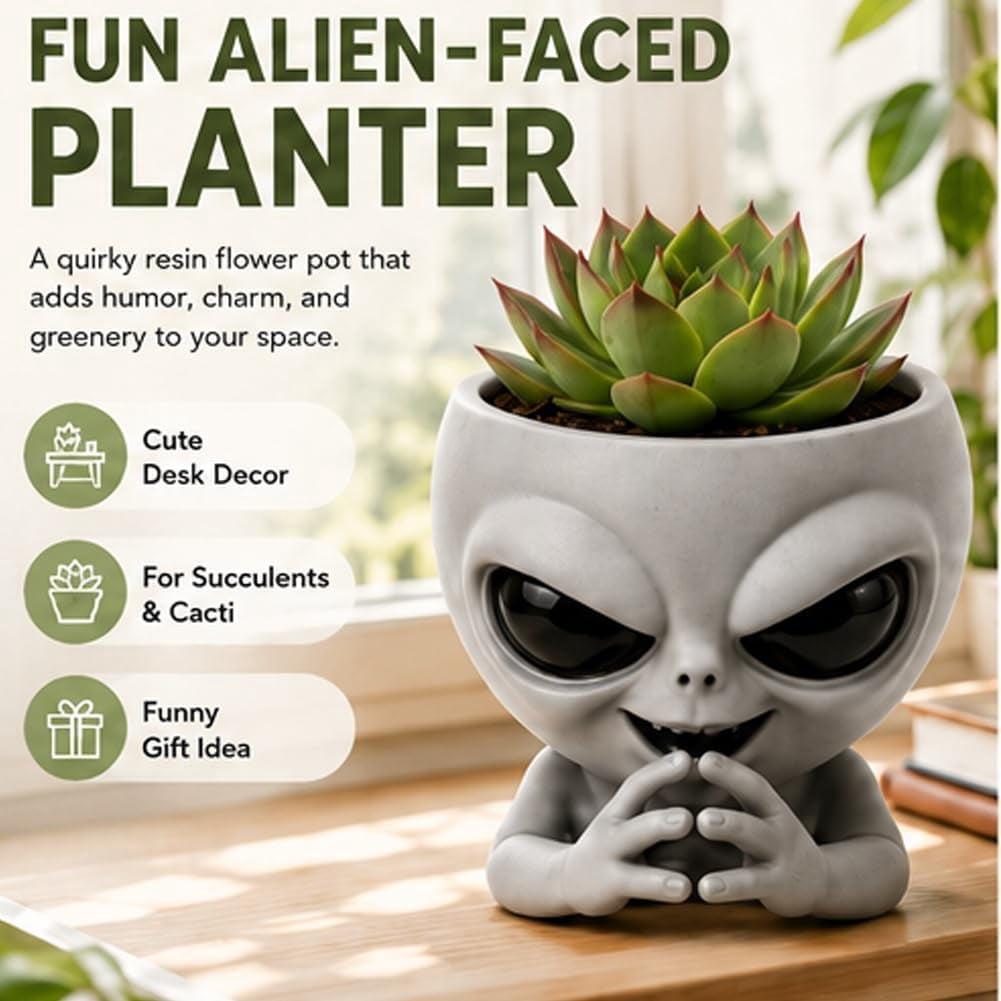 Fun Alien-Faced Planter, Resin Head Flower Pot for Indoor Succulents & Cacti