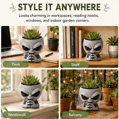 Fun Alien-Faced Planter, Resin Head Flower Pot for Indoor Succulents & Cacti