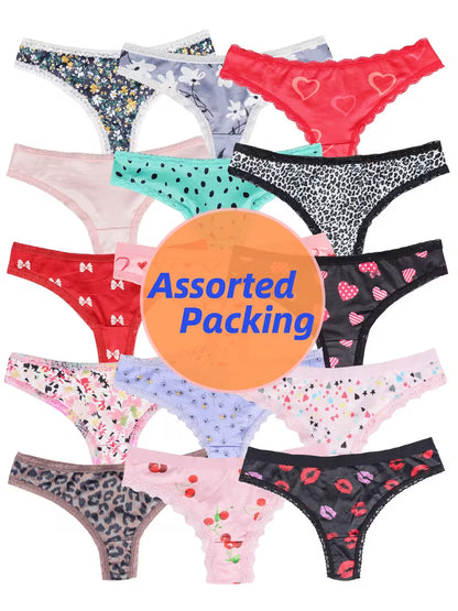 10pcs Women's Sexy Lace Trim Thong Set , 10 Styles Random Assortment