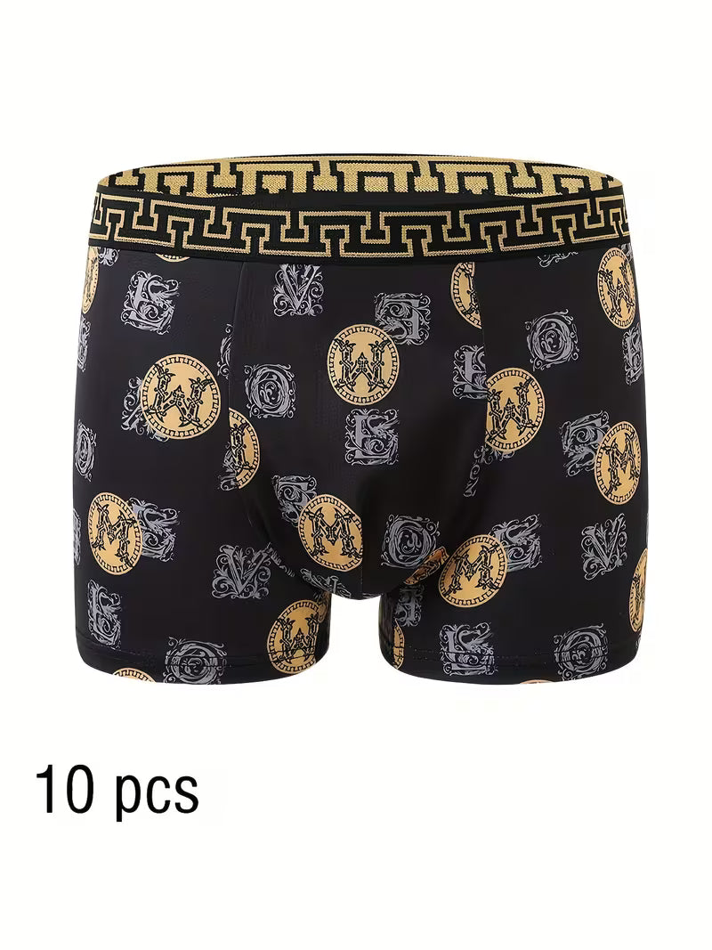 10pcs of Men's Boxer Underwear, Breathable and Soft, High-end Black Golden