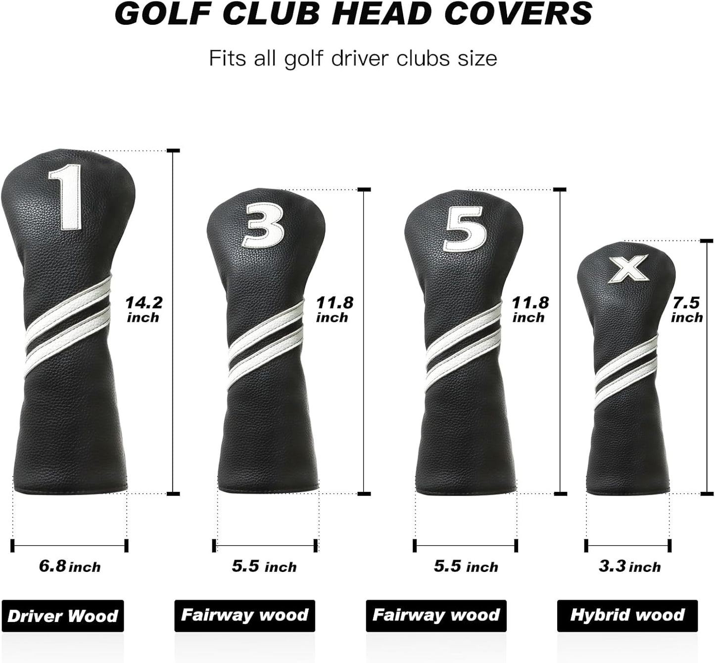 Golf club head covers (4-piece set), suitable for woods, drivers, fairway woods, and hybrids.