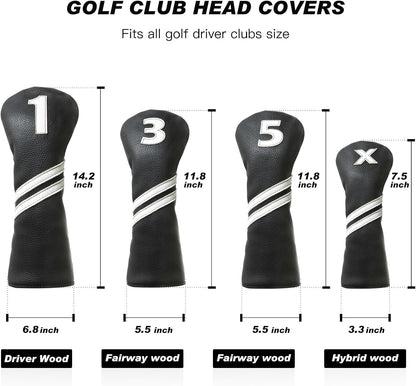 Golf club head covers (4-piece set), suitable for woods, drivers, fairway woods, and hybrids.