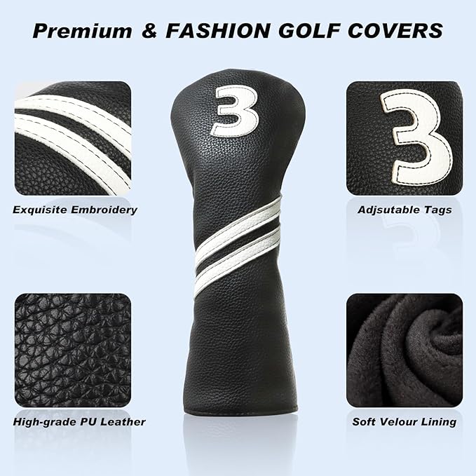 Golf club head covers (4-piece set), suitable for woods, drivers, fairway woods, and hybrids.