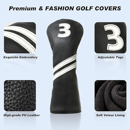 Golf club head covers (4-piece set), suitable for woods, drivers, fairway woods, and hybrids.