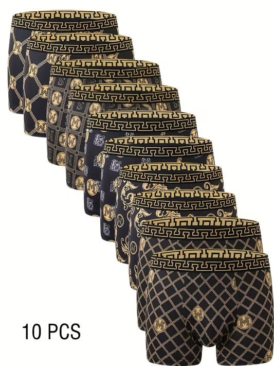 10pcs of Men's Boxer Underwear, Breathable and Soft, High-end Black Golden