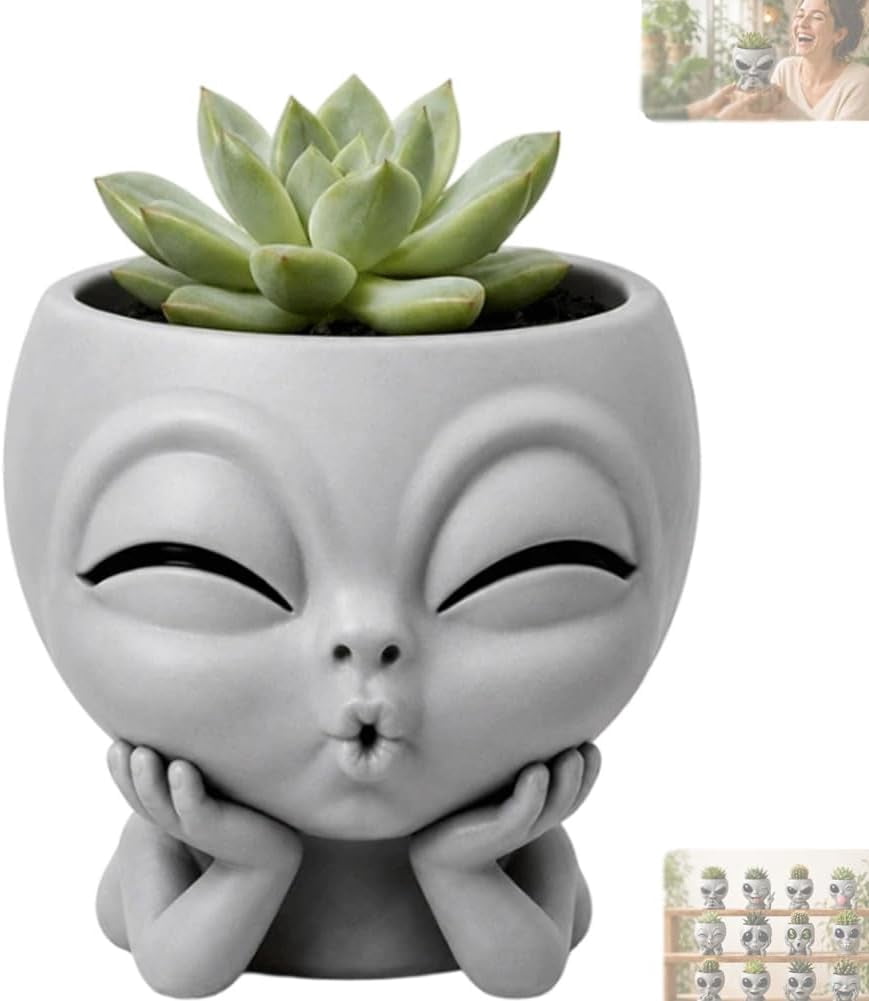 Fun Alien-Faced Planter, Resin Head Flower Pot for Indoor Succulents & Cacti