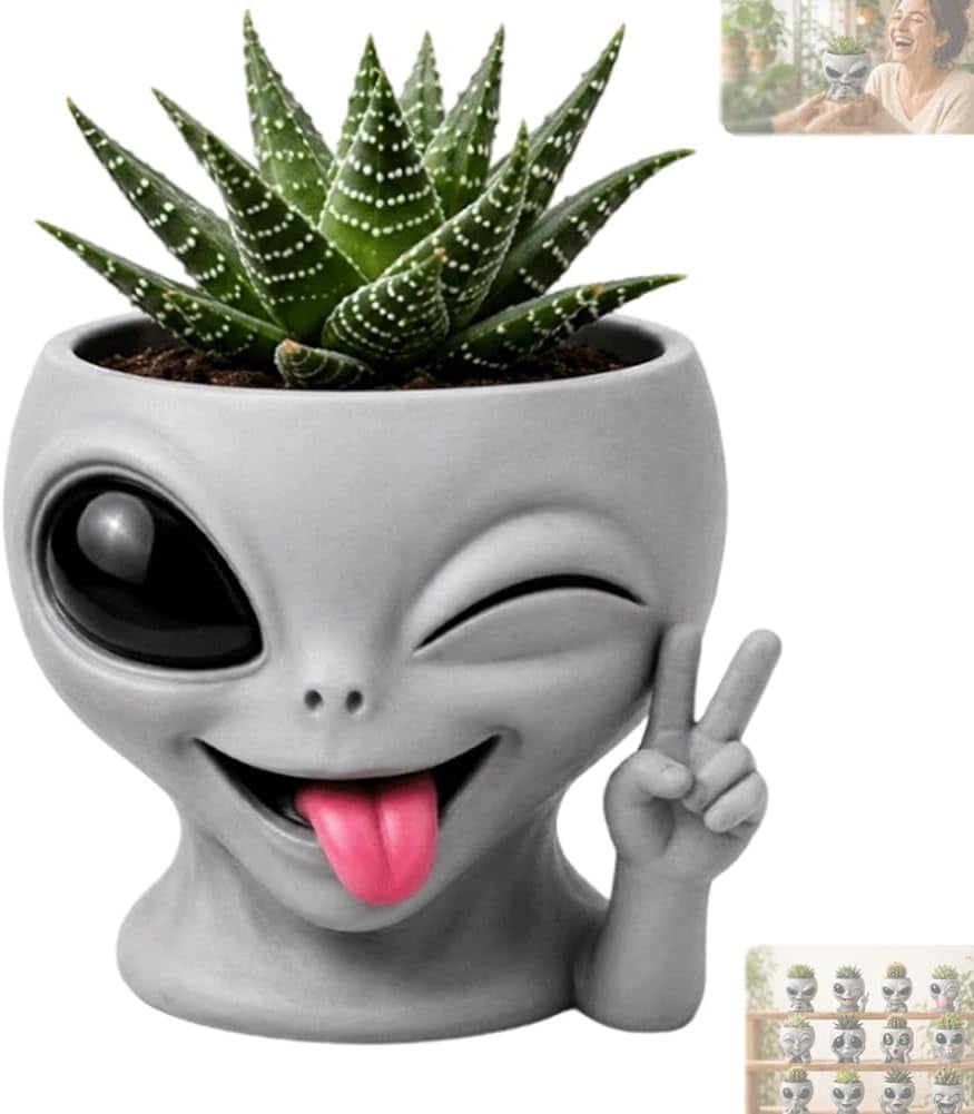 Fun Alien-Faced Planter, Resin Head Flower Pot for Indoor Succulents & Cacti