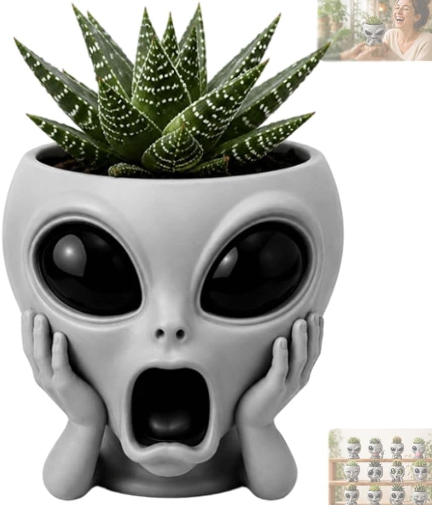 Fun Alien-Faced Planter, Resin Head Flower Pot for Indoor Succulents & Cacti