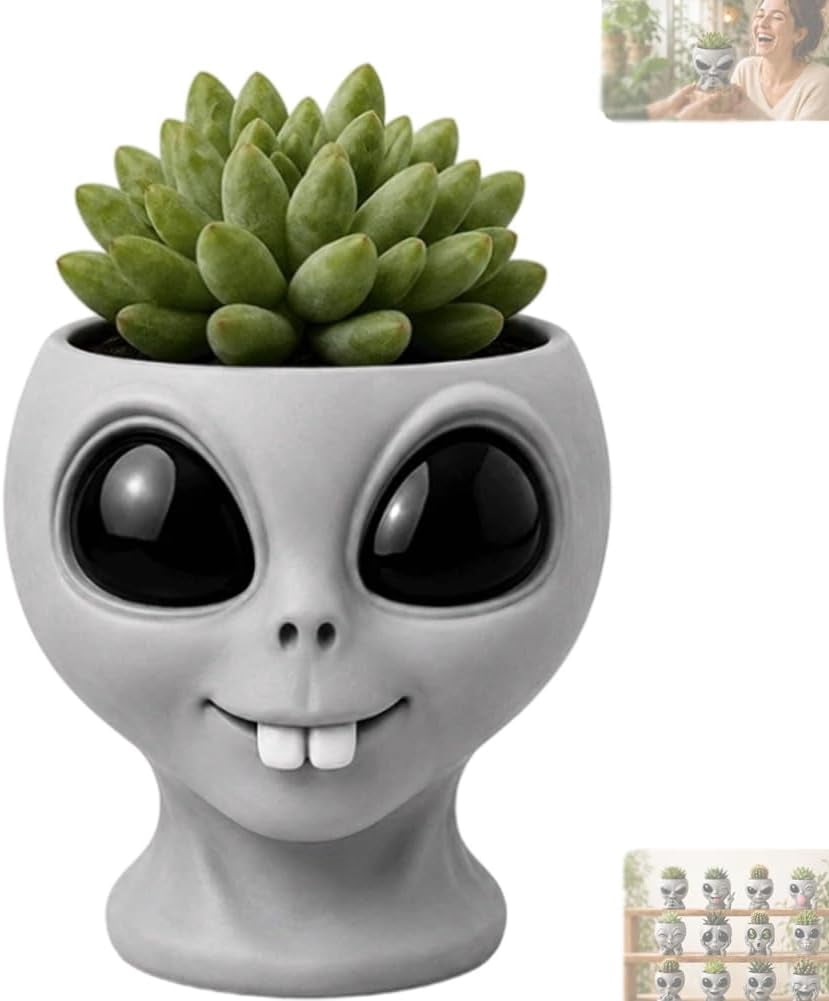 Fun Alien-Faced Planter, Resin Head Flower Pot for Indoor Succulents & Cacti