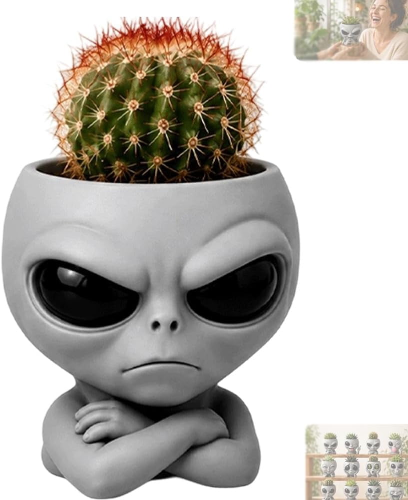 Fun Alien-Faced Planter, Resin Head Flower Pot for Indoor Succulents & Cacti