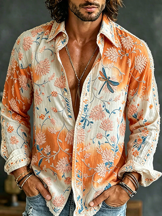 Men's Vintage Floral Embroidered Art Print Flowy Linen Blend Casual Shirt