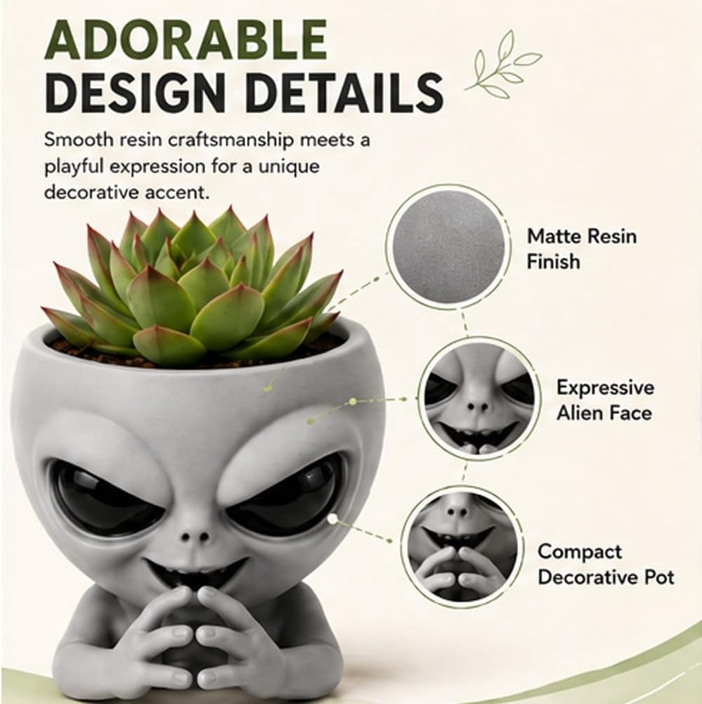 Fun Alien-Faced Planter, Resin Head Flower Pot for Indoor Succulents & Cacti