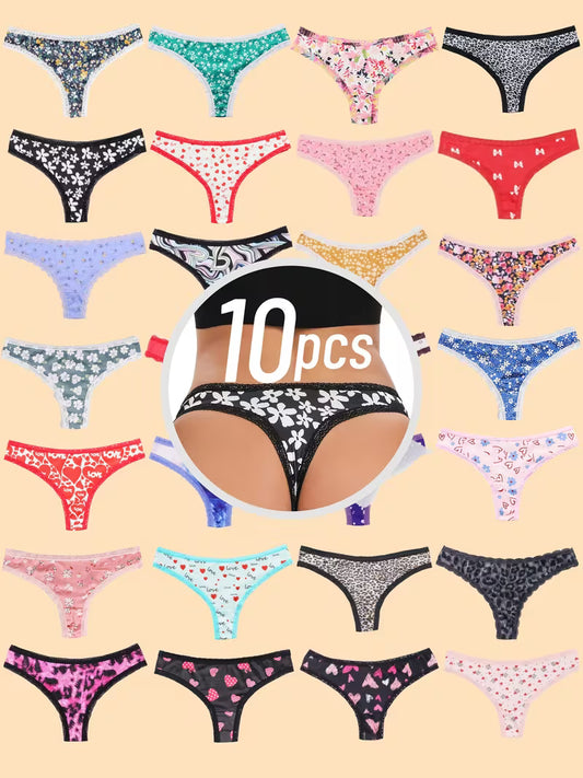 10pcs Women's Sexy Lace Trim Thong Set , 10 Styles Random Assortment