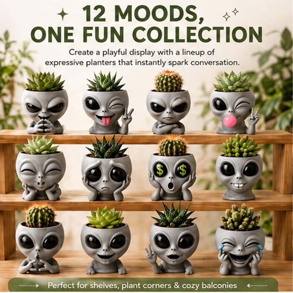 Fun Alien-Faced Planter, Resin Head Flower Pot for Indoor Succulents & Cacti