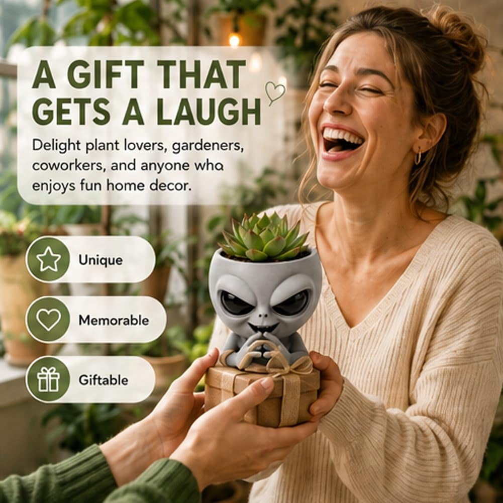 Fun Alien-Faced Planter, Resin Head Flower Pot for Indoor Succulents & Cacti