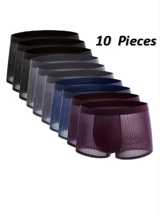 10pcs Men's Ice Silky Fiber Fabric Mesh Breathable Comfortable Stretchy Boxing Briefs